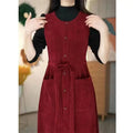 2024 Winter Fake Two piece Corduroy Dress Stylish Women's Dress Draw pleats Slim Waist Dress Women's Retro Knee Over Middle Long