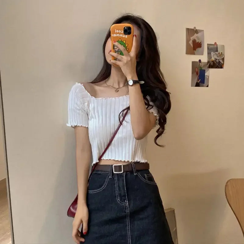 Off The Shoulder Top Women Knitted Sexy Short Sleeve Slim Fit T-Shirts Crop Top Y2k Top Summer Clothes Korean Casual Tees Female