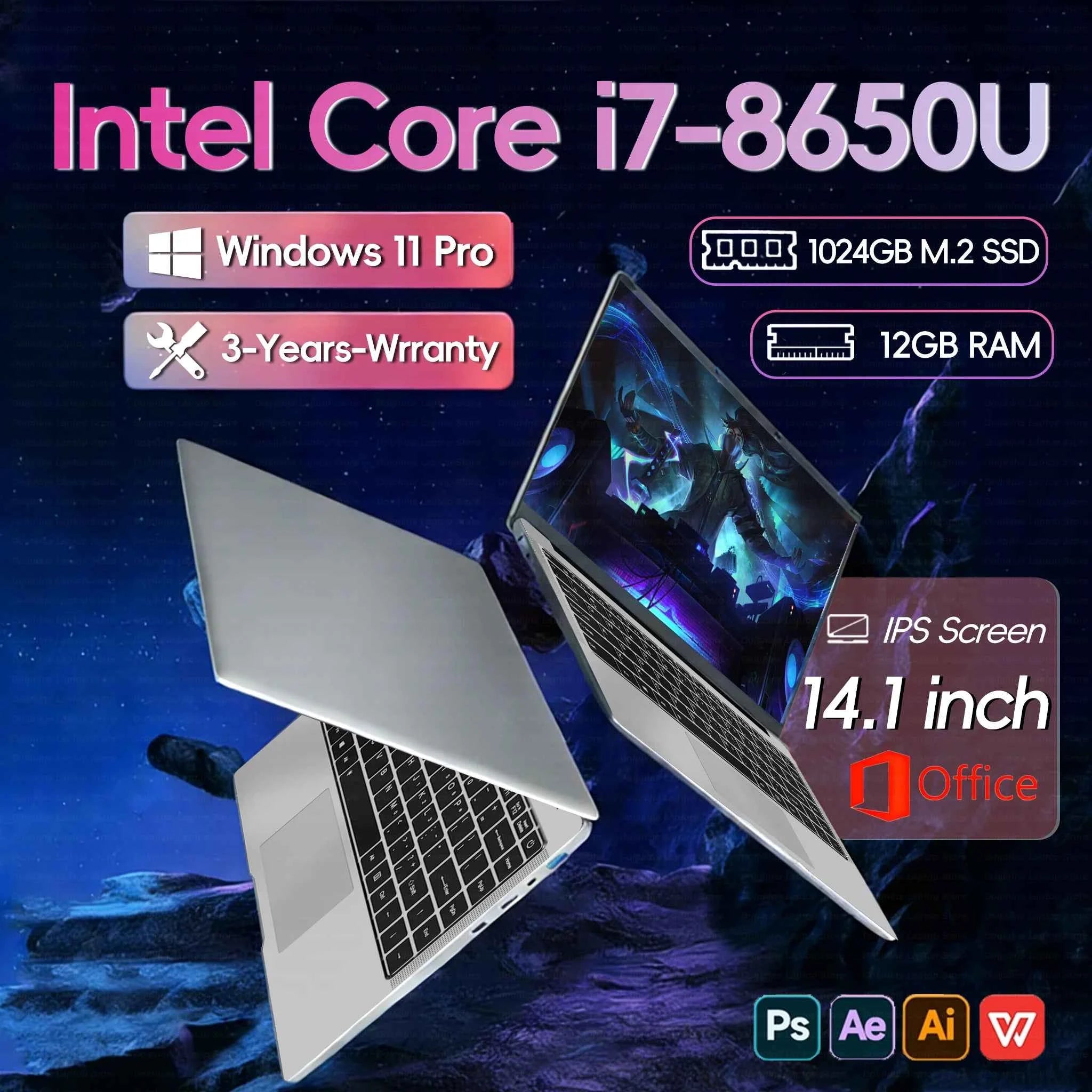 14.1 Inch Portable Laptop Computer Intel Core i7 8650U Dual Core 12GB RAM 512GB 1TB 2TB SSD Windows 11 Laptop Pc Gamer Notebook