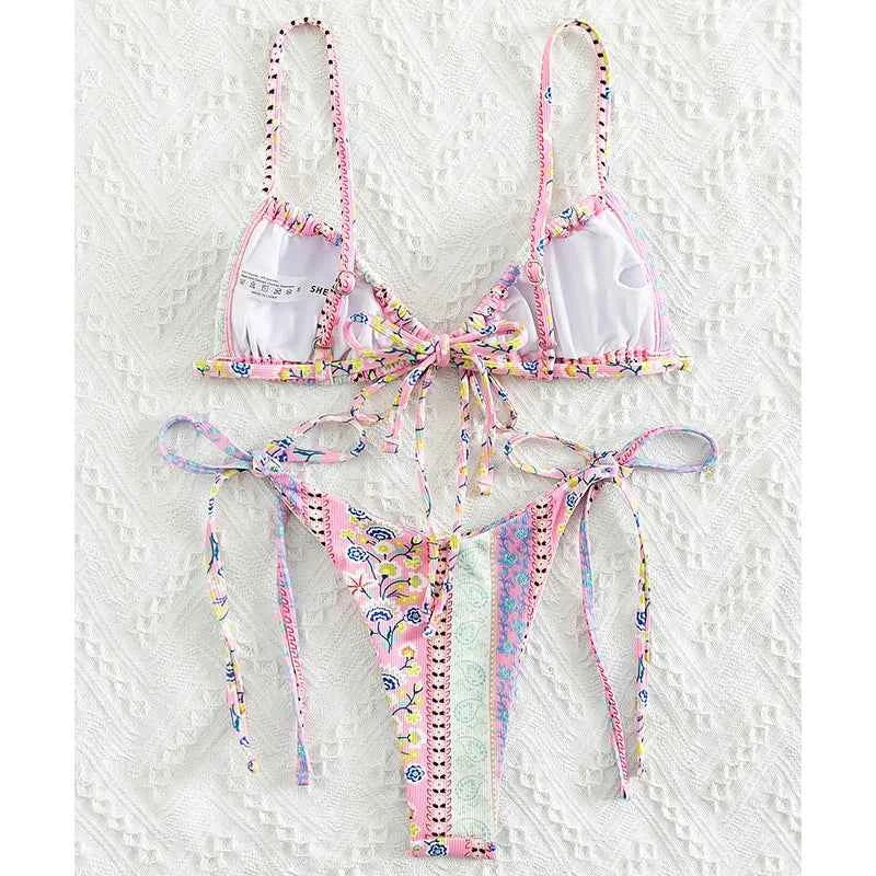 BIQIUYYI New Floral Print String Bandage Bikinis Triangle Cup Push Up Swimsuit Women Bathing Suit Beachwear Halter Swimwear XS