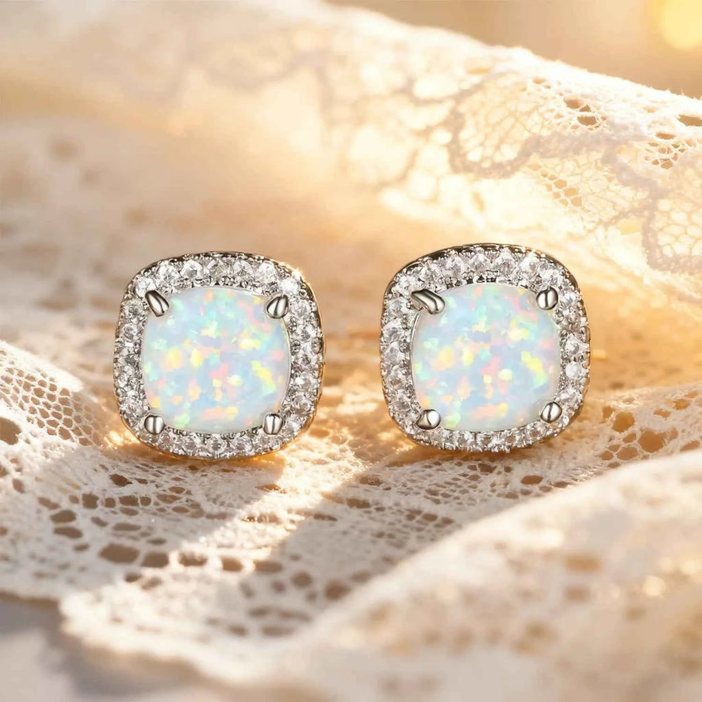 Multi-Color Available Opal Stone & Zirconia Earrings,Elegant Square Opal Studs,Silver Color Daily Luxury Jewelry,Gift for Women