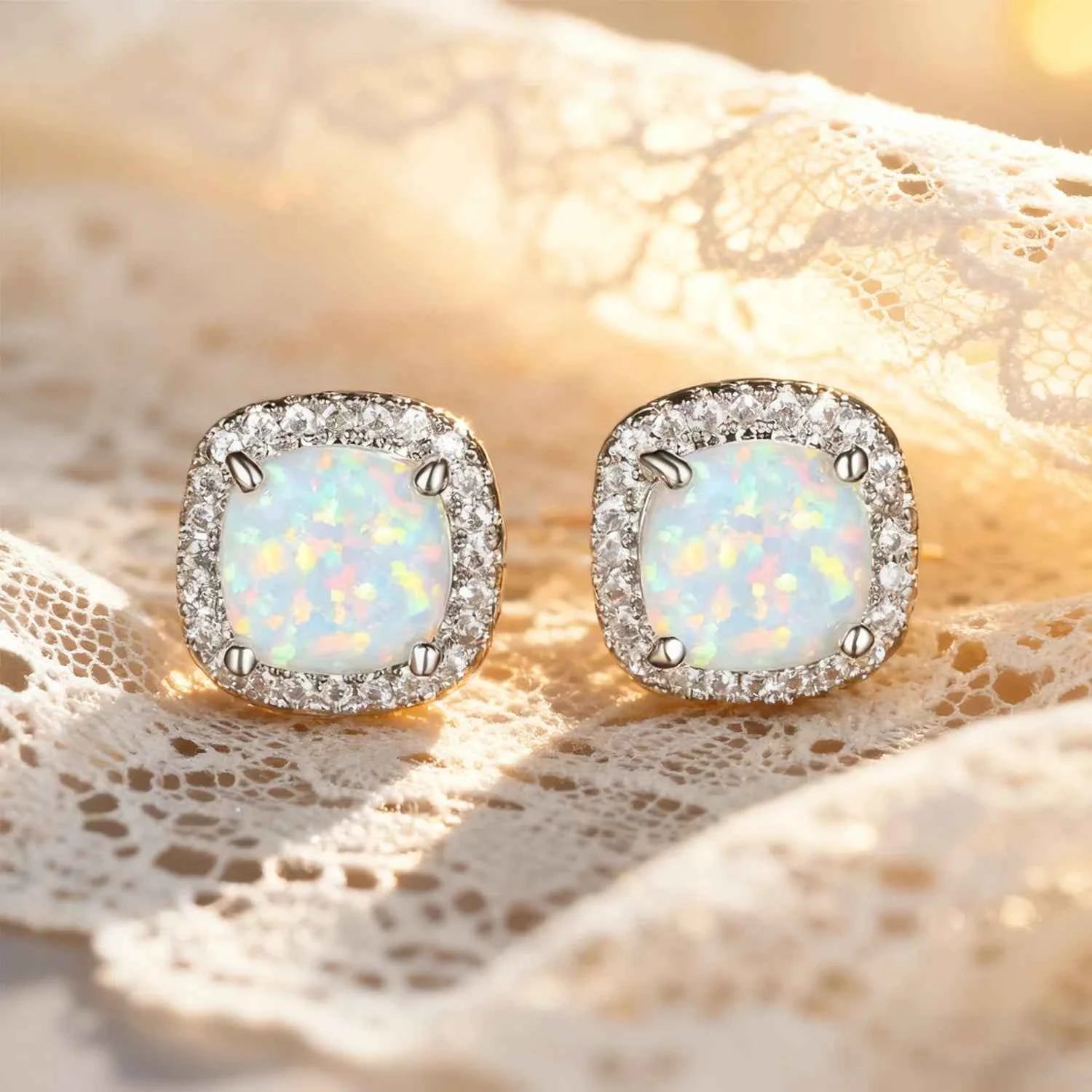 Multi-Color Available Opal Stone & Zirconia Earrings,Elegant Square Opal Studs,Silver Color Daily Luxury Jewelry,Gift for Women