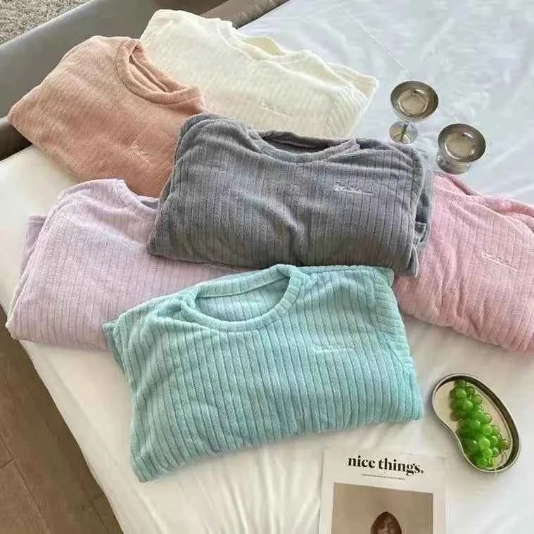 Winter Flannel Two-piece Loose Casual New O-neck Striped Coral Fleece Top Elastic Waist Pants sets Women's Pajamas Set Sleepwear