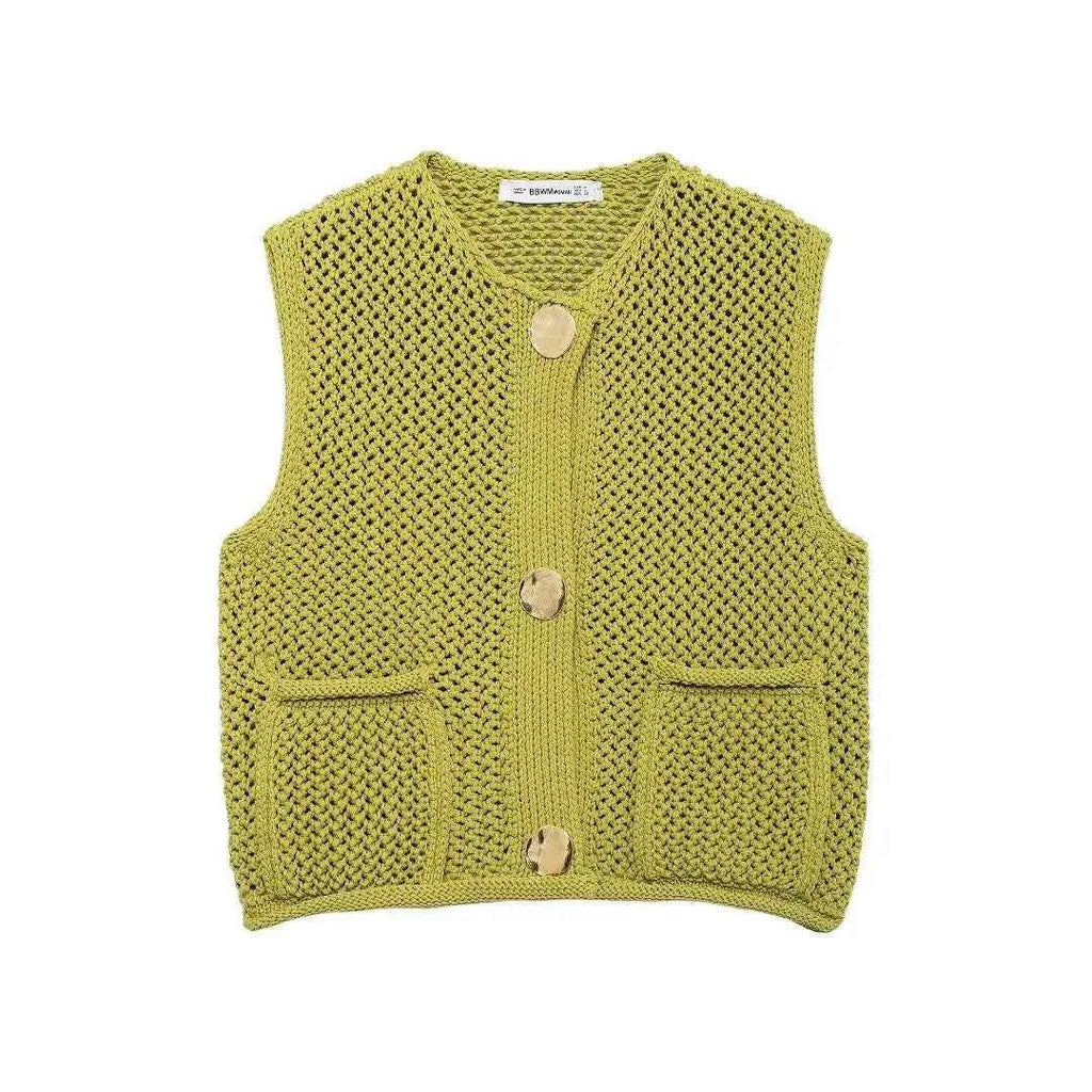 Women Fashion Sleeveless Coarse Needle Knitting Vest Sweater Female Chic Big Pockets Patch Buttons Cardigan Waistcoat Tops