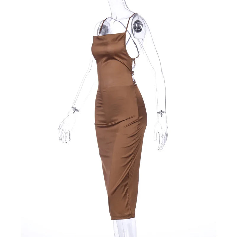 Sexy Slash Neck Back Cross Bandage Bodycon Dress Women Spaghetti Strap Solid Color Mid-calf Dress Elegant Club Party Vestidos
