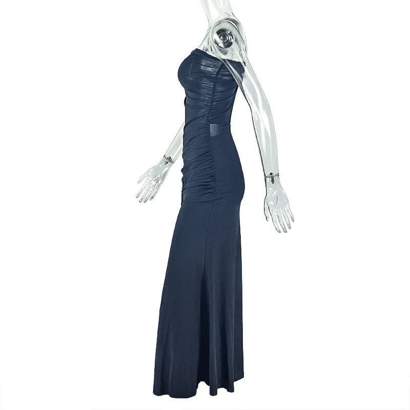 Weird Puss Irregular Hollow One Shoulder Maxi Dress Women Skew Collar Backless Ruched Kink Ribbon Prom Party Elegant Vestidos