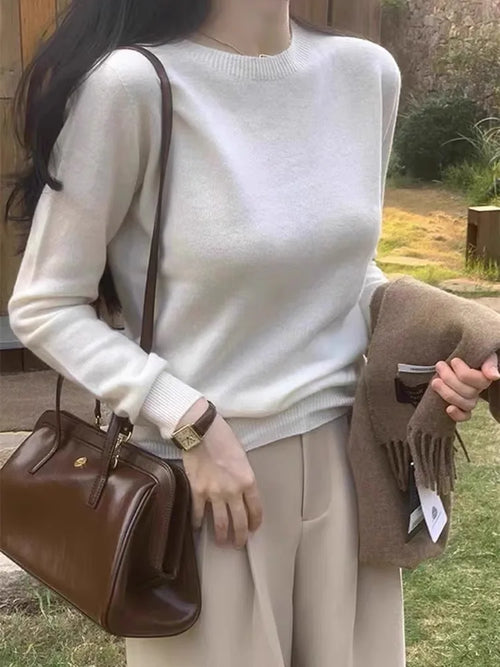 100% pure cashmere sweater women's round neck pullover long sleeve sweater loose short soft waxy knit bottom sweater