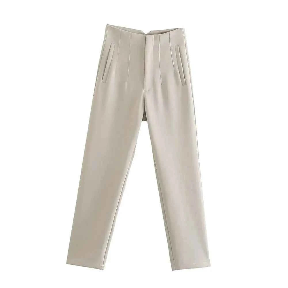 DUOPERI Women Fashion Solid Basic High Waist Trousers Chic Female Office Lady Casual Business Workwear Long Pant