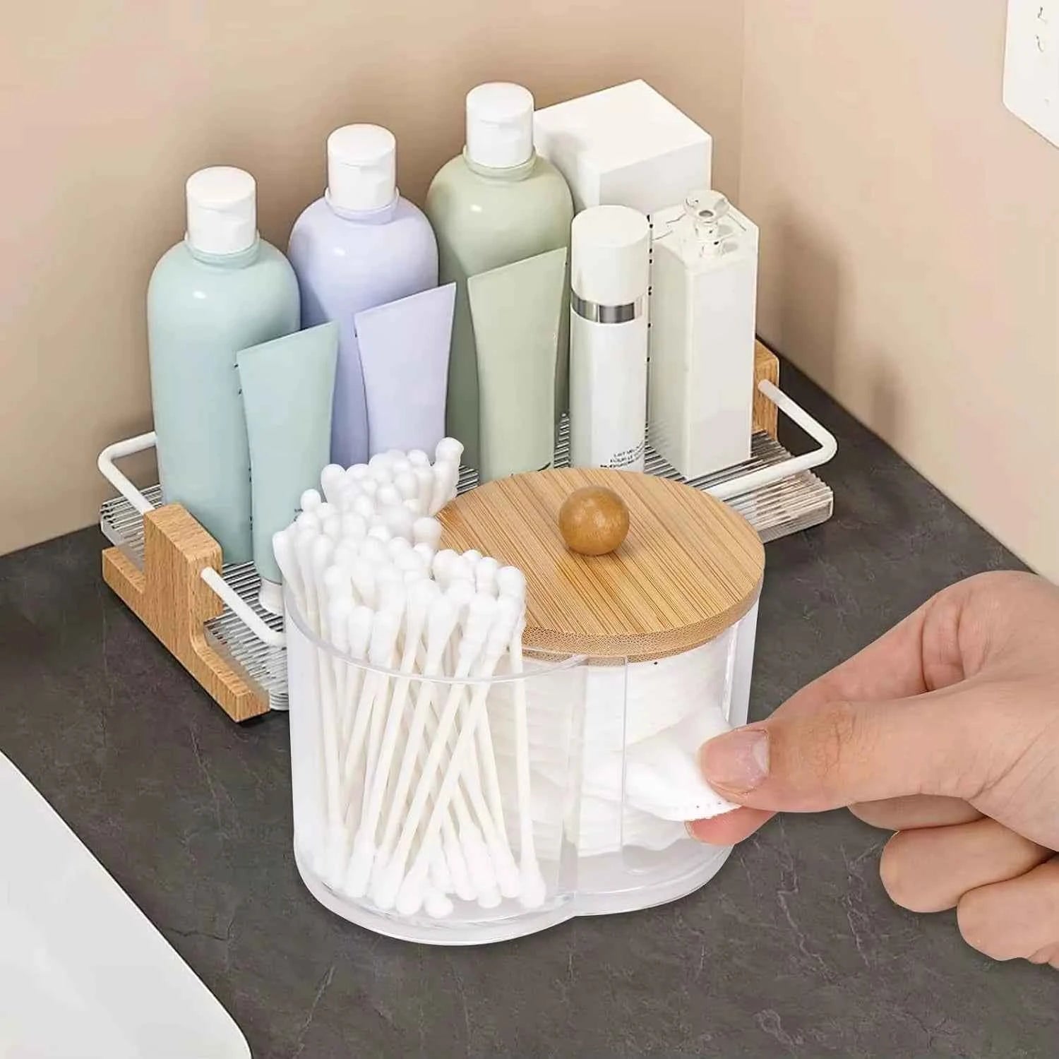 Holder with Dual Compartments - Clear Cotton Swab and Cotton Balls Organizer - Transparent Bathroom Storage Container for Makeup