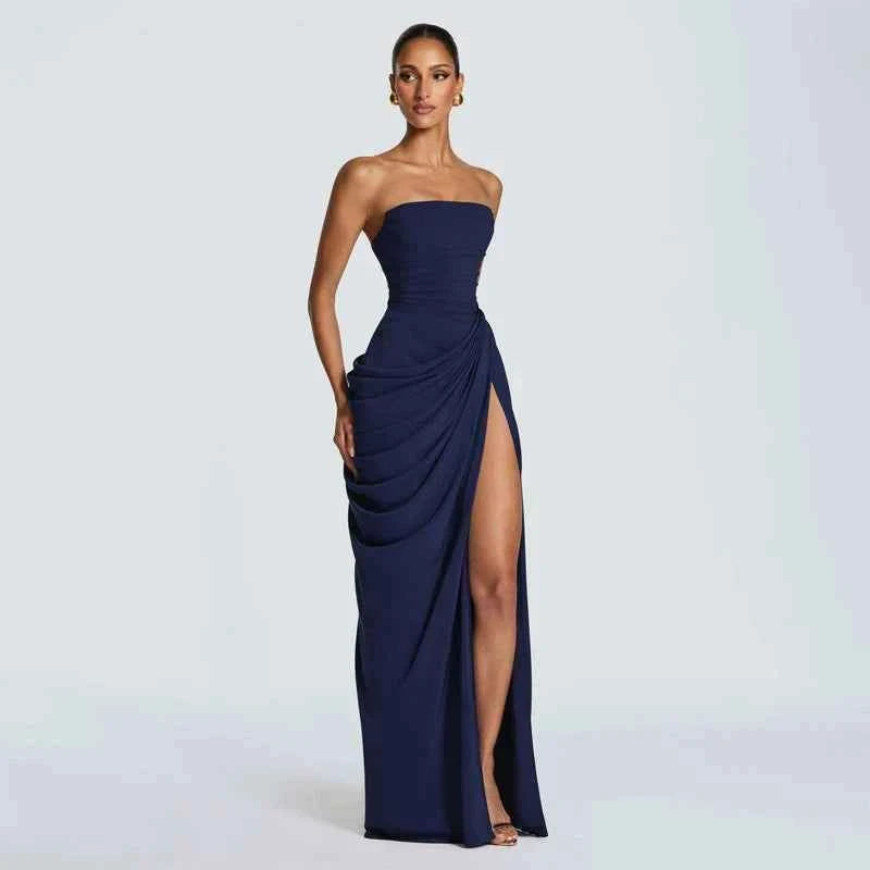 Women Sexy Solid Pleated Strapless Dress Lady Chic Off-shoulder Backless High Waist Split Dresses  Evening Party Gown 2026 New