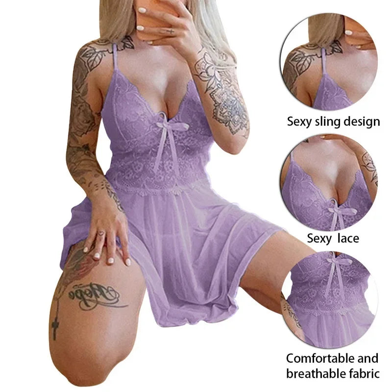 Sexy Sleepwear Women's Nightgowns Dress Through Lace Sexy Lingerie Night Dress Women Underwear Party Nightie New