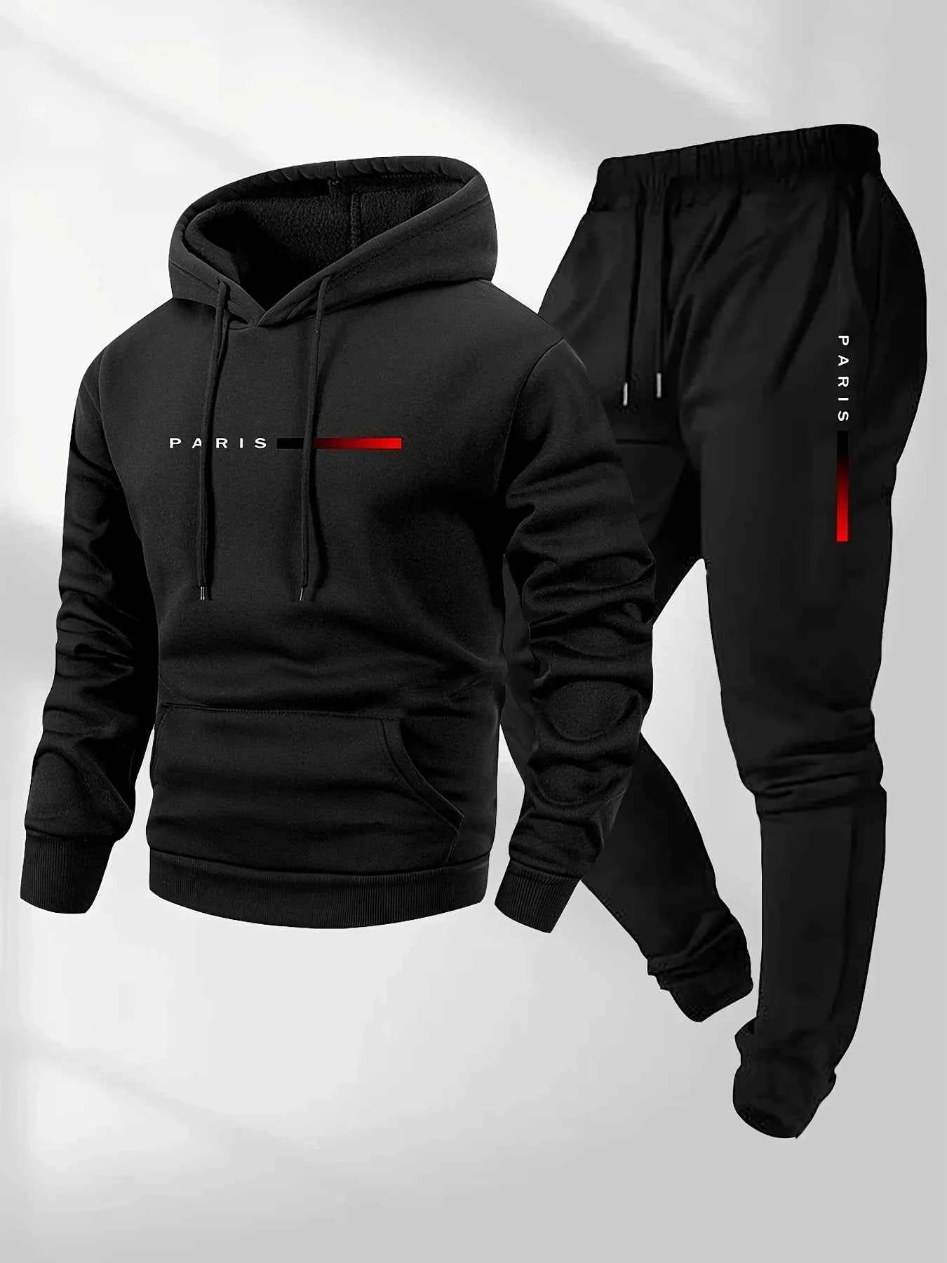 PARIS Letter Print Sweatshirt Suit Men's Fleece Hoodie Pants Set Spring Autumn Winter Warm Casual Sports Pullover Trousers Sets