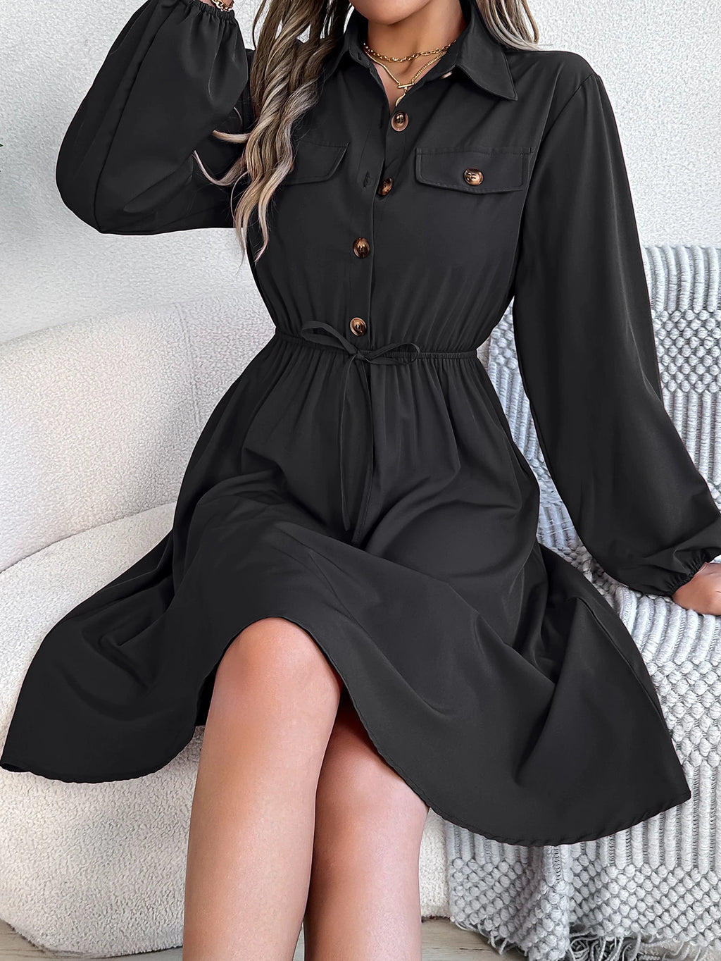 Autumn Winter Dresses for Women Casual Solid Color Button Tie Up Long sleeved Shirt Dress Blue  Green Black Red Woman Clothing