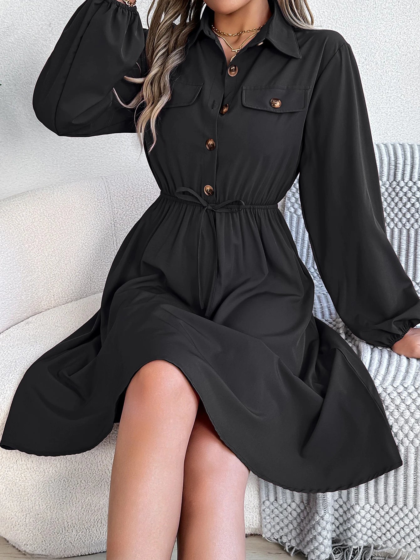 Autumn Winter Dresses for Women Casual Solid Color Button Tie Up Long sleeved Shirt Dress Blue  Green Black Red Woman Clothing