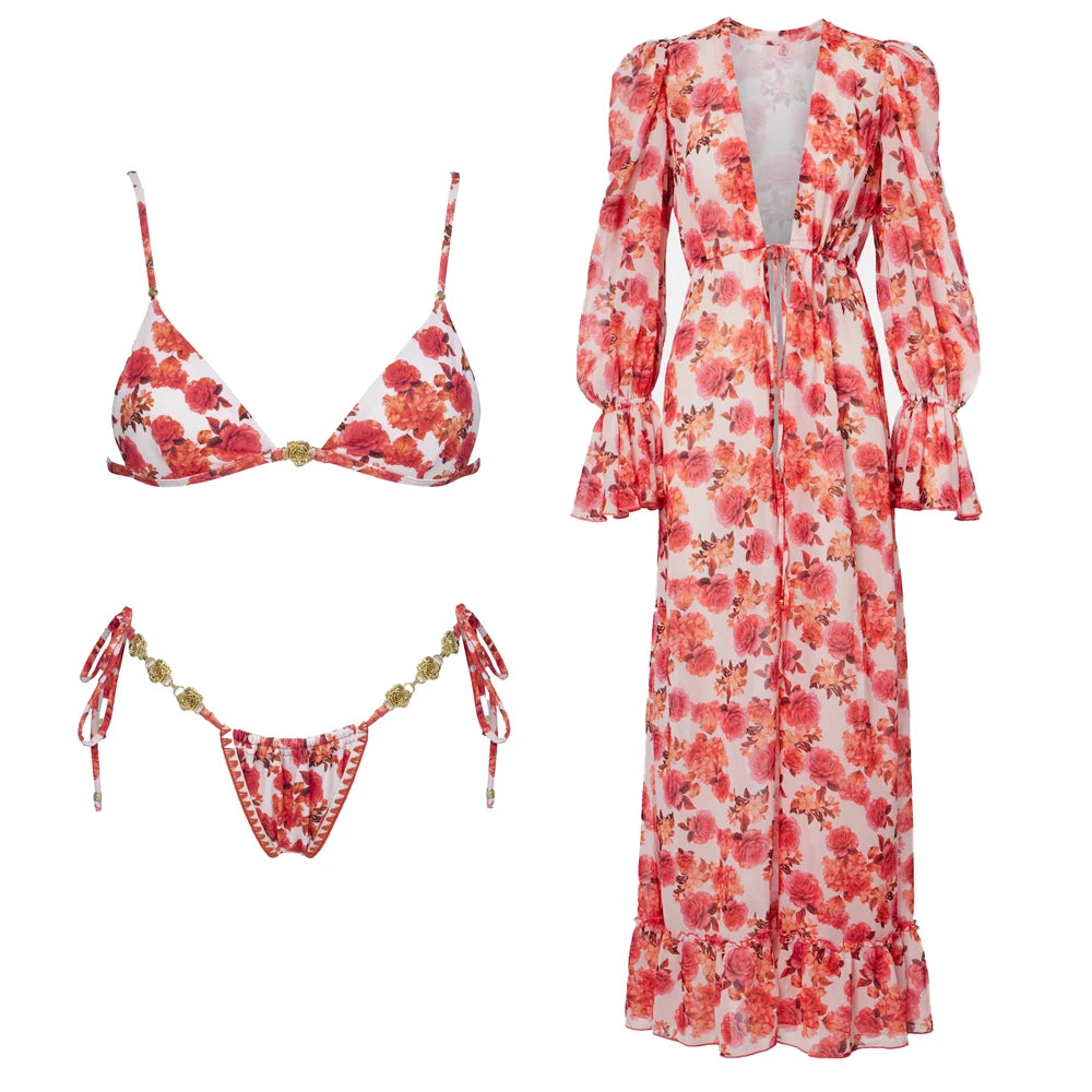 Print Bikini Swimsuit and Cover Up Bikini Set Women Sexy Lace Swimwear High Leg  Bathing Suit Beachwear Biquini