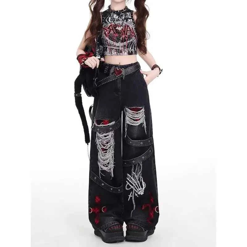 American style spicy girl loose lazy and relaxed denim pants female punk retro washed fashionable versatile casual pants