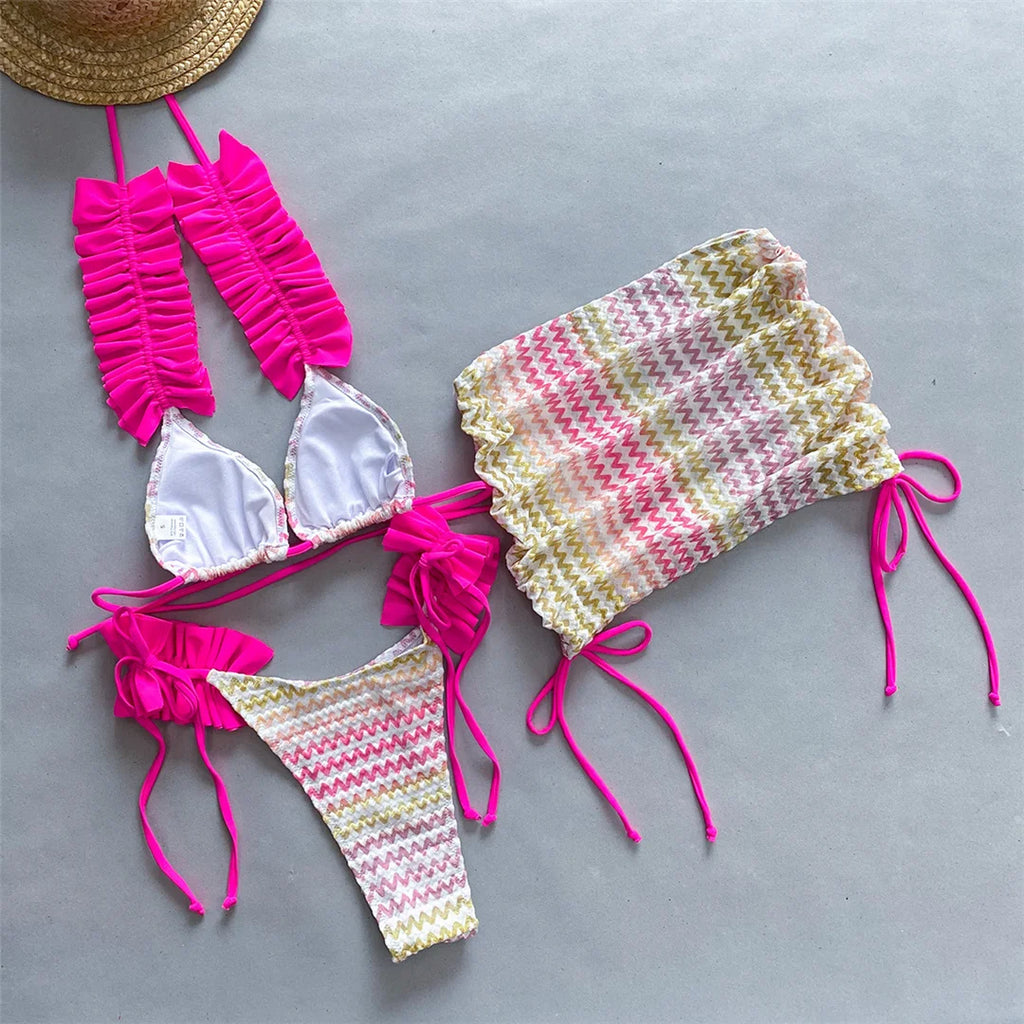 With Skirt Waved Ruffled Frilled Bikini Female Swimsuit Women Swimwear Three-Pieces Bikini Set Bather Bathing Suit Swim V5235