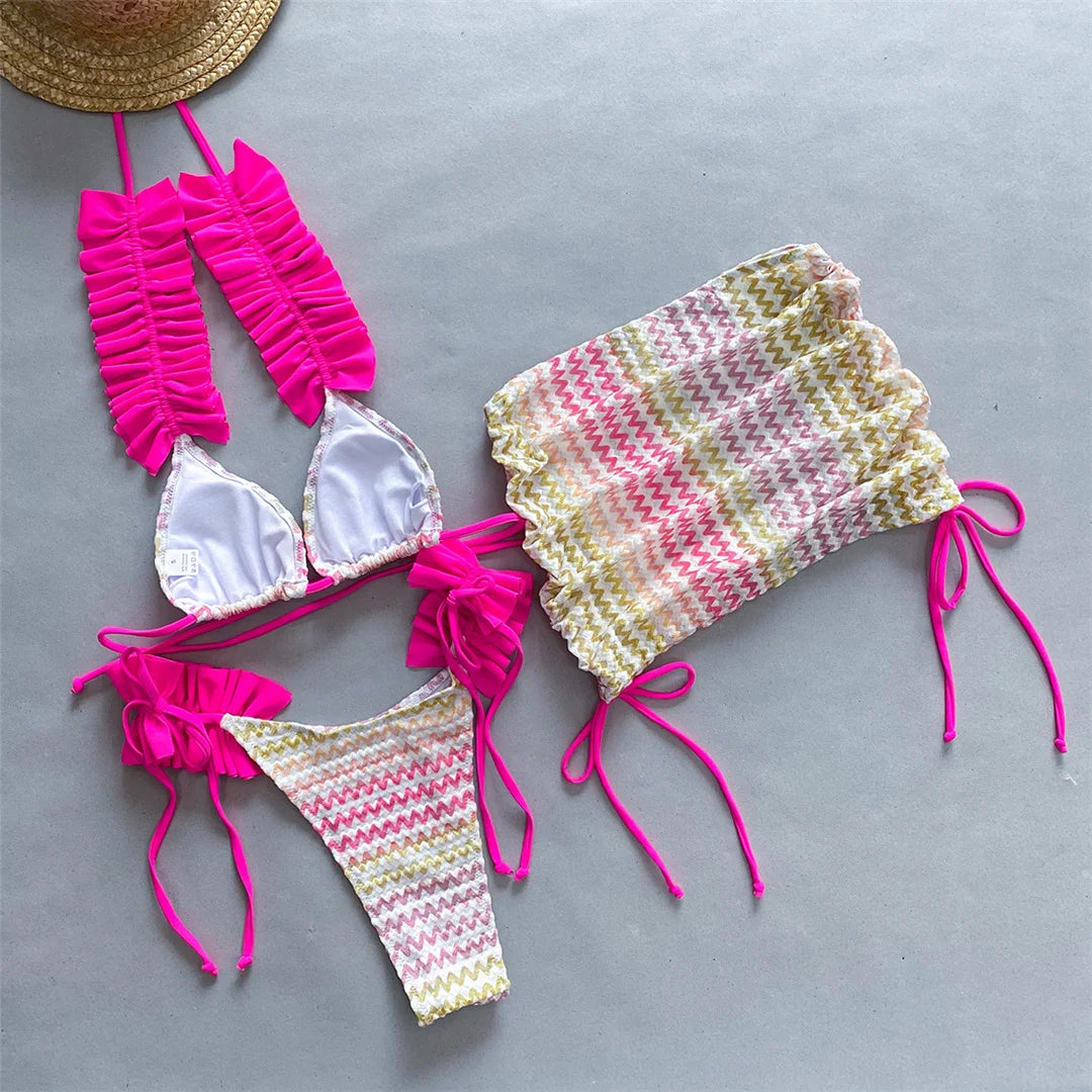 With Skirt Waved Ruffled Frilled Bikini Female Swimsuit Women Swimwear Three-Pieces Bikini Set Bather Bathing Suit Swim V5235