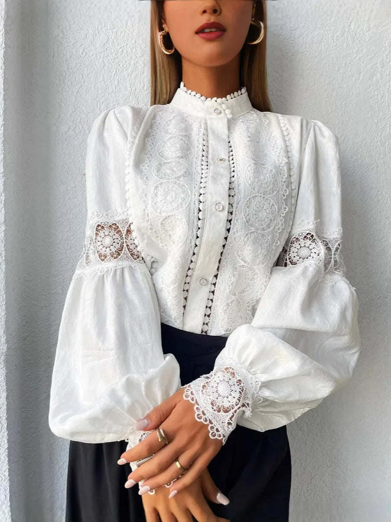 White Lace Blouses Women Elegant Solid Casual Lace and Button Hook Flower Hollow Puff Sleeves Blouse Top Lady Office Shirts