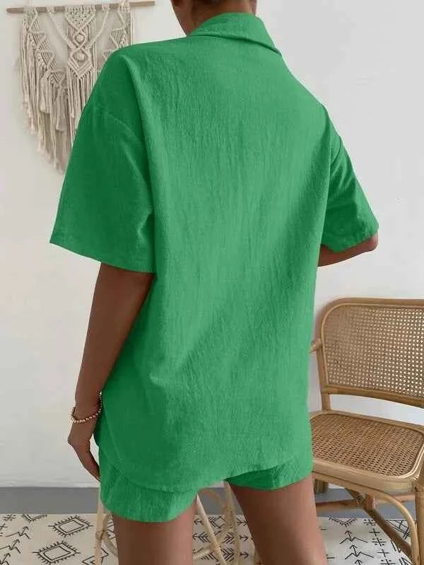 Women's Cotton Suit  Short Sleeve Casual Elegant Green Soild Two Piece Set Women Outfit Suit Shorts and Shirt for Women