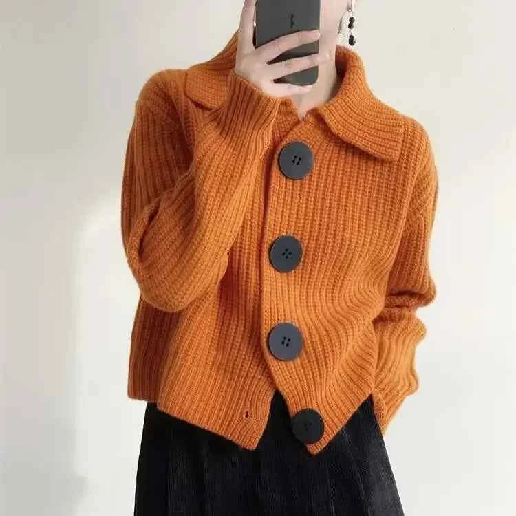 Temperament Fashion Sping Autumn New Sweaters Coats New Women Solid Lapel Button Korean Casual Long Sleeve Cardigan Knitted Tops
