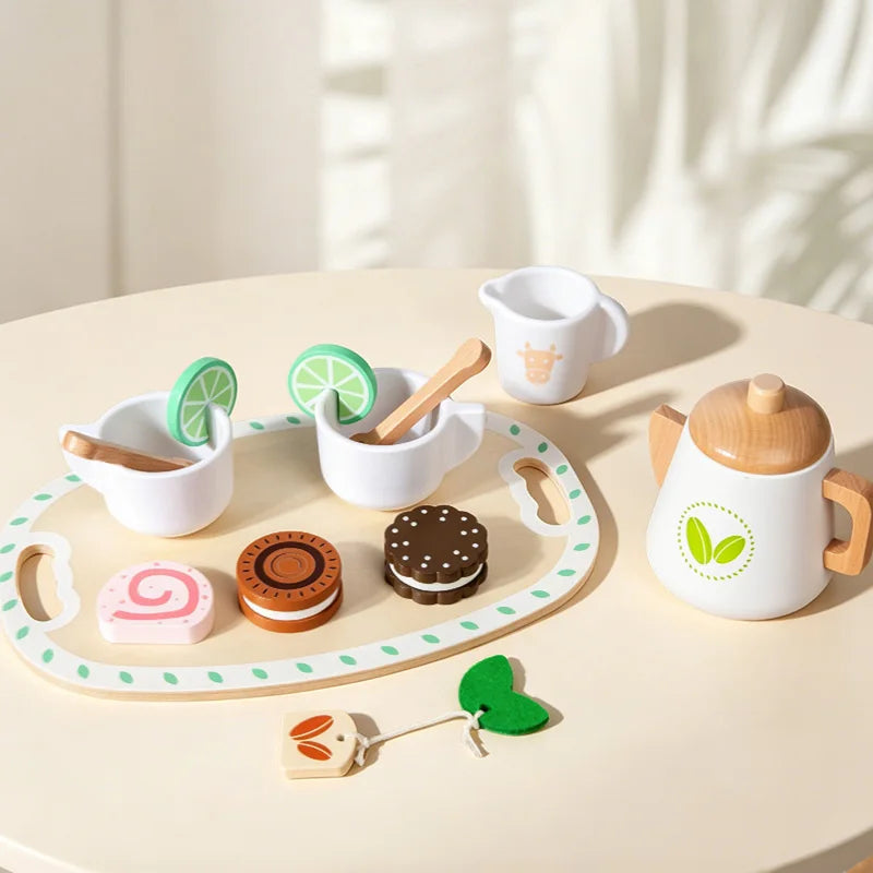 Kids Wooden Educational Toys Pretend Play Tea Dessert Set Role Play Game for Kindergarten Toddlers