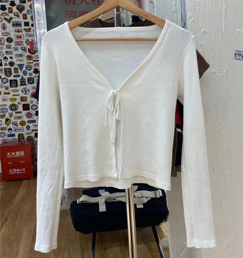 Women Casual Solid Slim T-Shirts 2022 Summer Sexy V Neck Lace Up Cotton Ribbed Y2k Crop Top Sweet Cute Long Sleeve T Shirt Tops