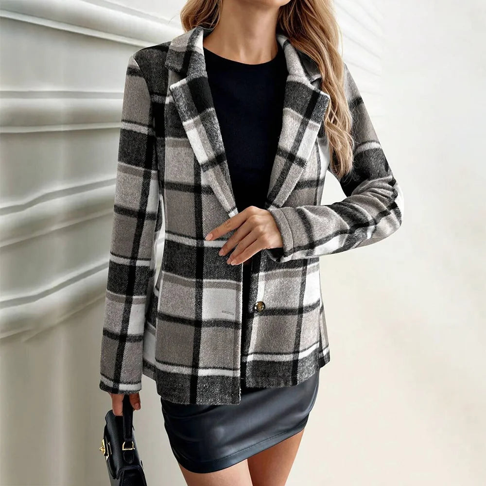 2026 Fall & Winter New Arrival Women's Plaid Blazer Retro Loose Slim-Fit Wool Blend Long Sleeve Casual Suit Jacket