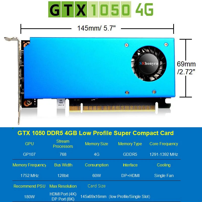 SRhonyra Low Profile Graphics Card 4GB GT730 RX550 GT1030 GTX1050 GTX1050Ti Half Height PCIe Video Card For SFF Thin ITX HTPC