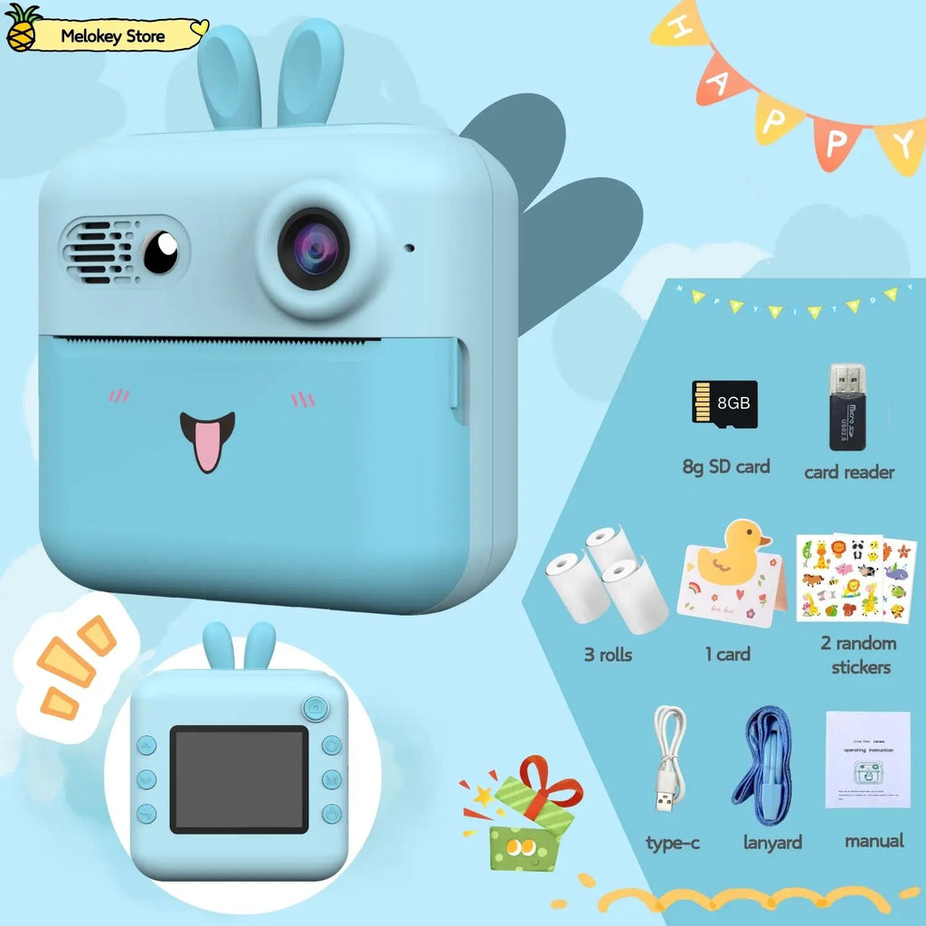 Kids Photo Camera Printer with Game Cute Bunny Mini Digital Video Child Instant Print Camera 4-12 Years Kids Girls Boyes Gifts