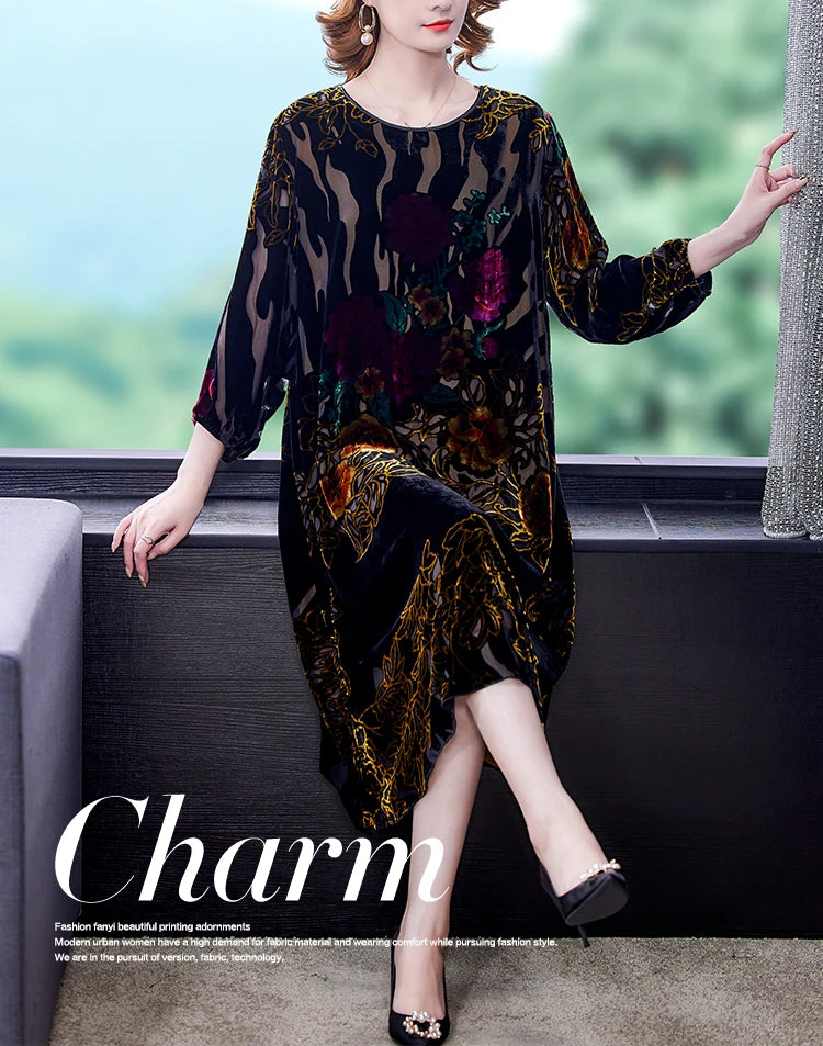 Large Size Gold Velvet Dress Women's Autumn New High-End Mulberry Silk Burnt Flower Dress Luxurious Temperament Vestidos
