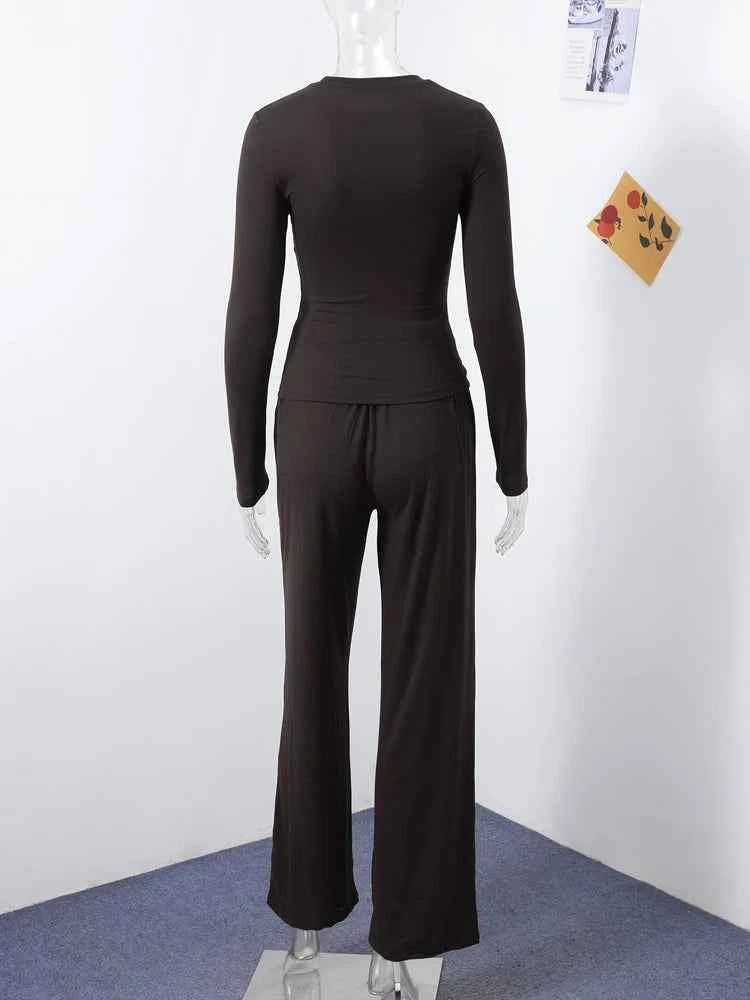 Women Top Pants Suit 2 Piece Sets Solid O-neck Long Sleeve Shirts Elastic Waist Trousers Female Outfits 2025 New Lady Tracksuit