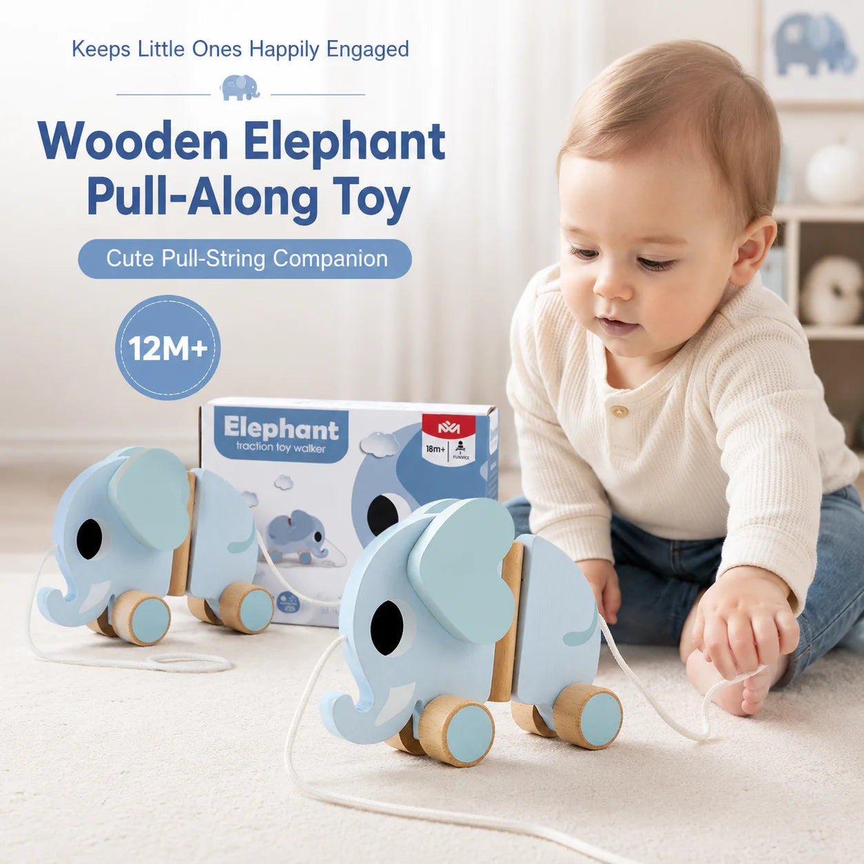 Wooden Children's Elephant Pulling Rope Cart, Towing Toys, Baby Boy and Baby Girl Toddler, Children's Gifts, Early Education Toy