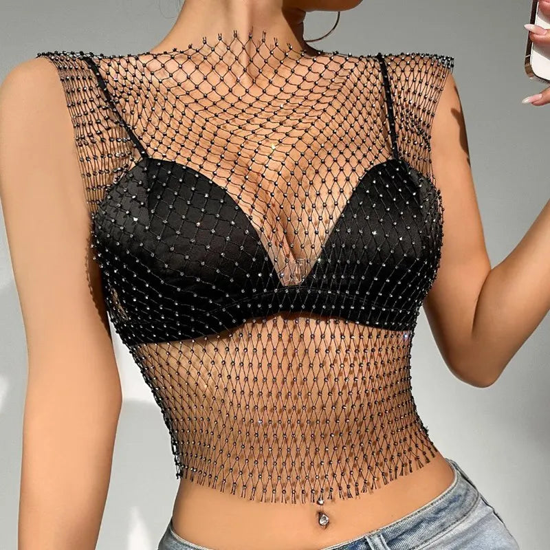 Sexy Top Women Shiny Rhinestone Fishnet Women Y2K Tank Crop Tops See Through Summer Beach Cover Up Tops Party Nightclub Clothing