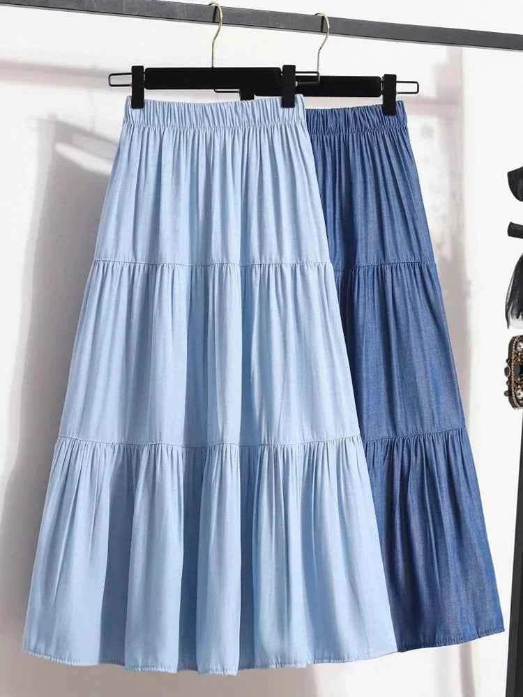 Spring Summer Women Skirts Vintage High Waist Elastic Patchwork White Black Chic Long Cake A-line Skirt