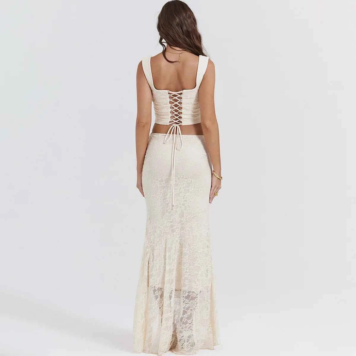 Suninheart Elegant Women 2 Piece Dress Set 2023 Maxi Wedding Guest Dress Lace Up Crop Top and Maxi Skirt Set Formal Event Dress