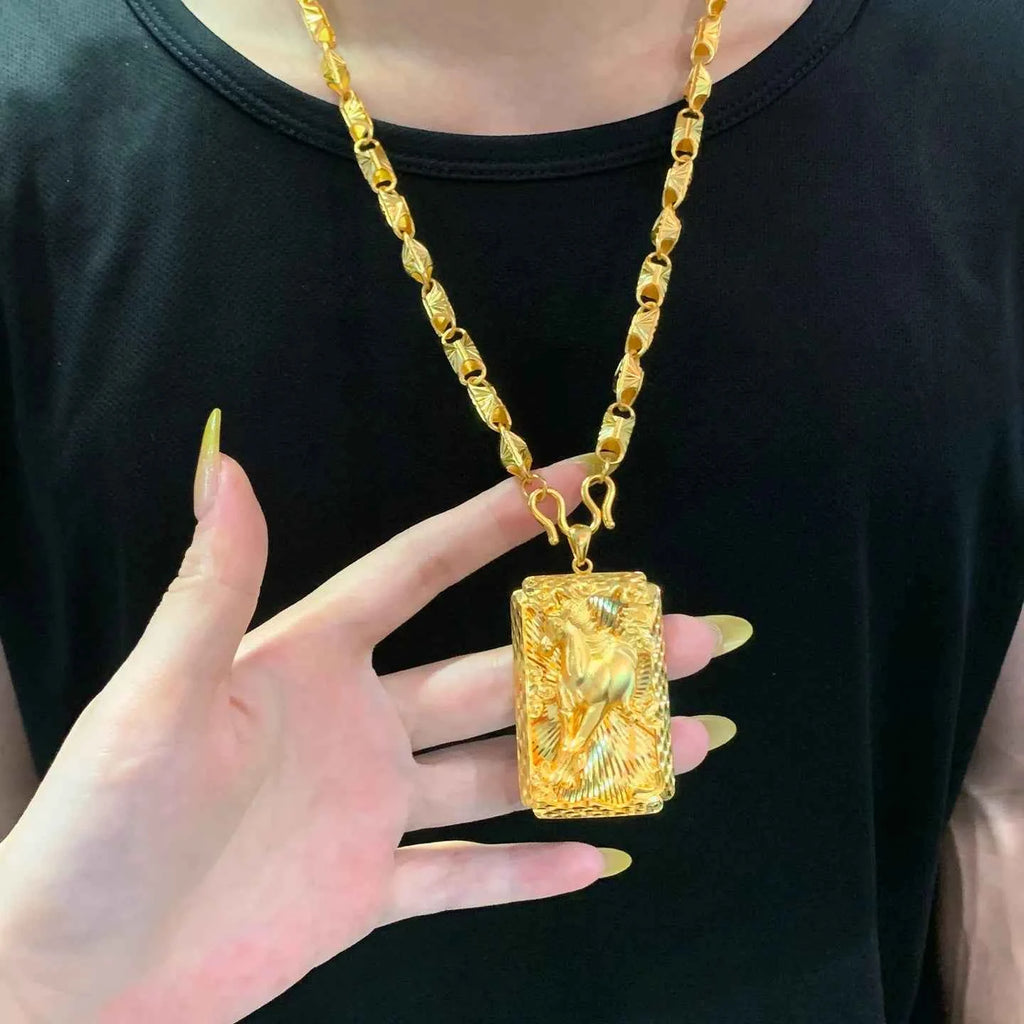 Luxury 24K Pure Gold Horse Pendant Necklace for Men - Symbol of Success