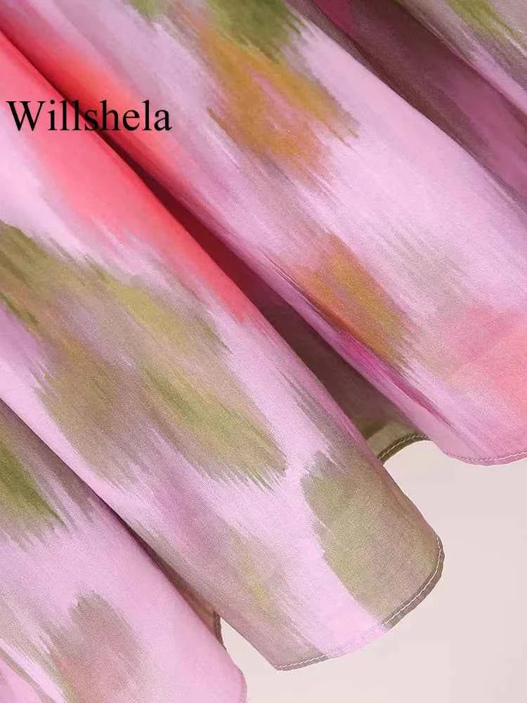 Willshela Women Fashion Printed Elastic Waist Backless Lace Up Midi Dress Vintage Thin Straps V-Neck Female Chic Lady Dresses