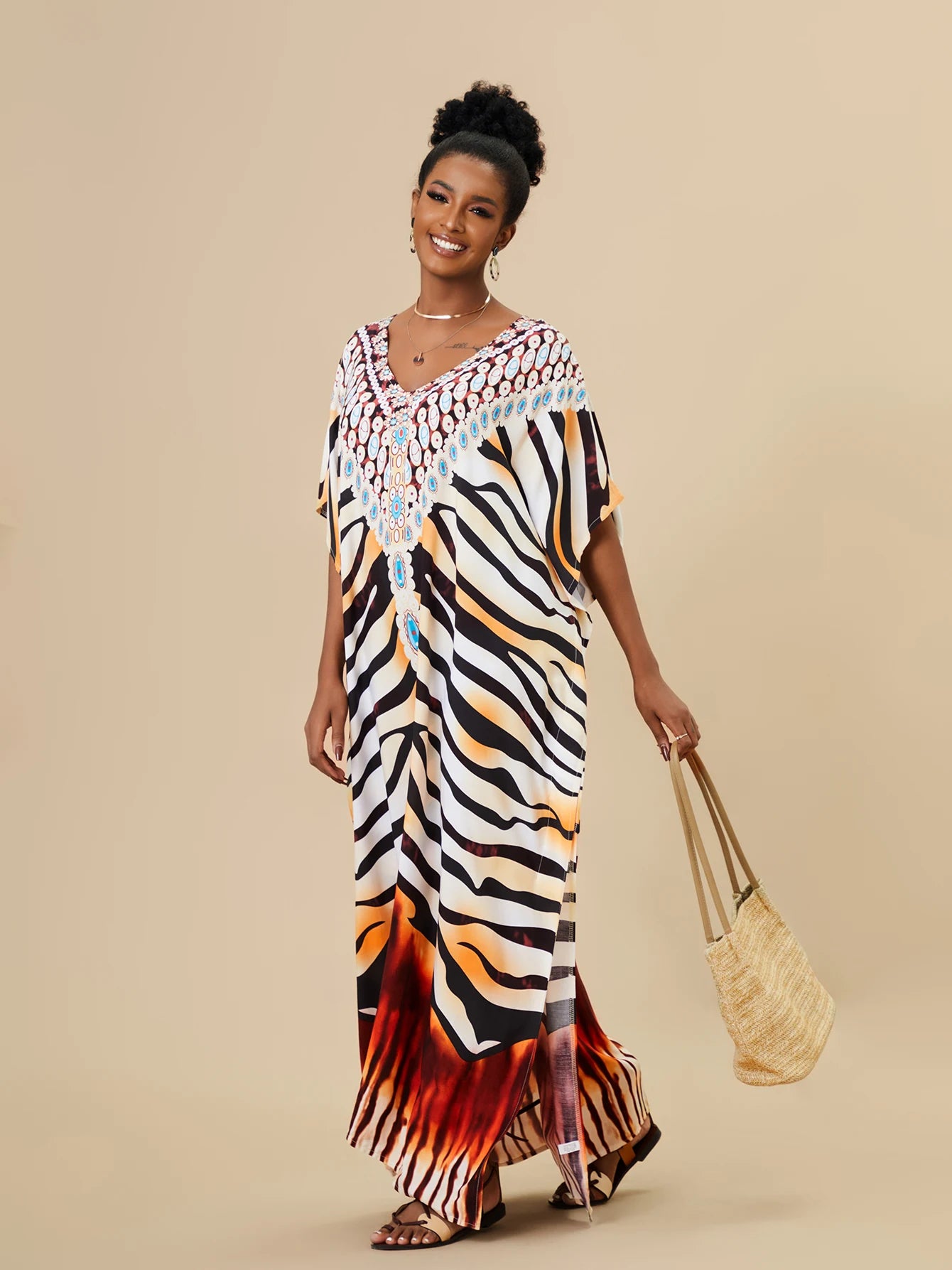 EDOLYNSA 2023 Bohemian Printed Loose Kaftan Casual Summer Vacation Maxi Dress Women Clothing Beach Wear Swim Suit Cover Up Q1469