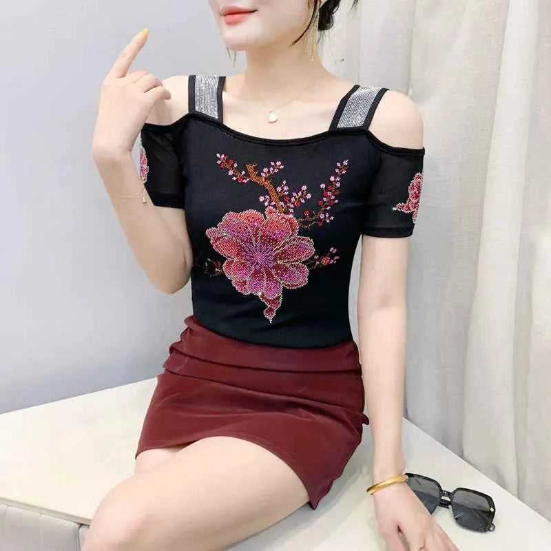 New Arrival Summer European Clothes Women's T-Shirts Chic Luxury Butterfly Hot Diamonds Tees Sexy Girl Slim Streetwear Tops