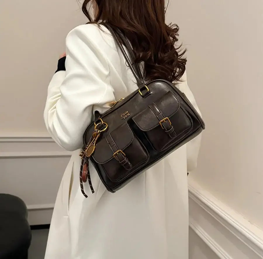 Women Multi Pocket Shoulder Tote Bag with Golden-Tone Hardware & Letter, Stylish Handbag Purse for Travel, Work, Shopping, Dates