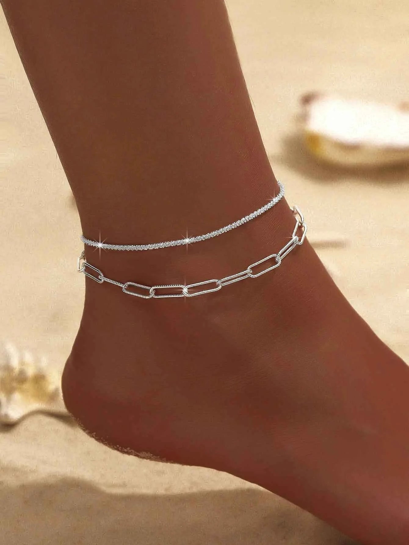 Summer Shiny Sparkling Simple Silver Color Anklet Zircon Cross Love Pearl Double Layer Bracelet On Leg Foot Trendy Beach Jewelry