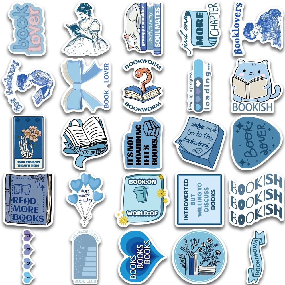 50pcs blue bookish series cartoon graffiti stickers, decorate computers, skateboards, helmets, waterproof stickers