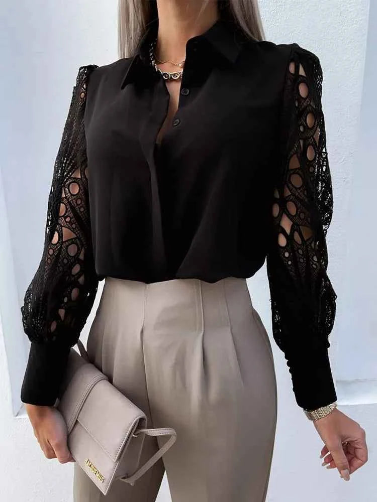 White Sexy Lace Hollow Out Women Blouse Autumn 2025 Spring Black Top Vintage Button Up Shirts Long Sleeve Mesh Design Tops 19948