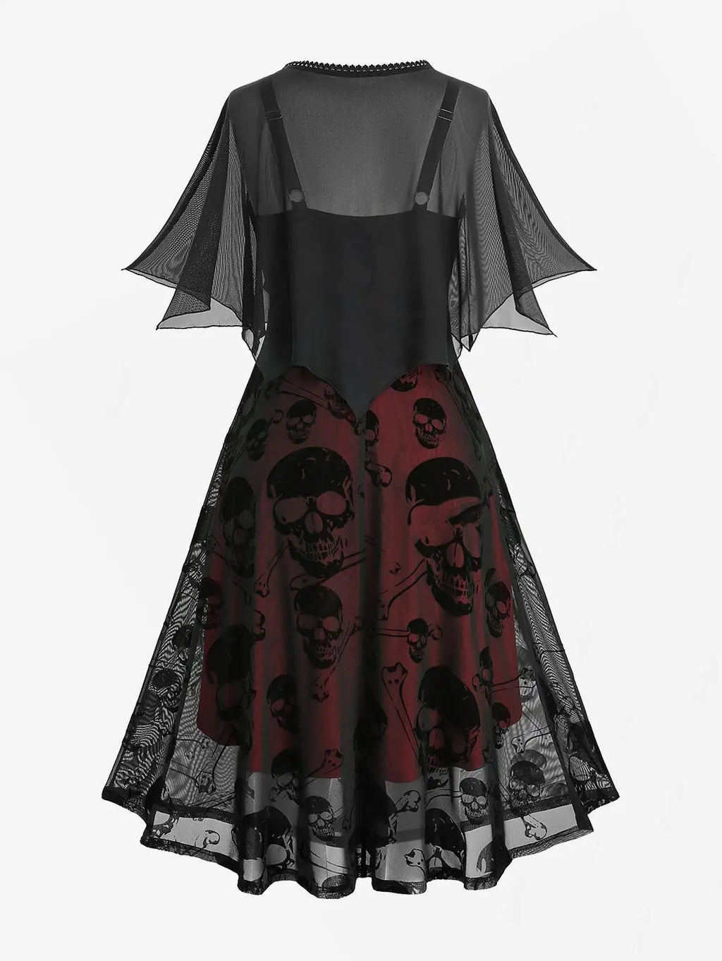Plus Size Women's Casual Dresses Skull Flocking Mesh Ruched Tank Dress With Lace Trim Button Cover Cape