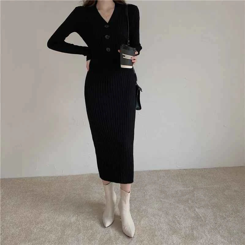 Autumn Winter Sweater Dress For Women 2024 New Arrivals Buttons Up V Neck High Waist Long Knitted Dress Korean Maxi Dresses