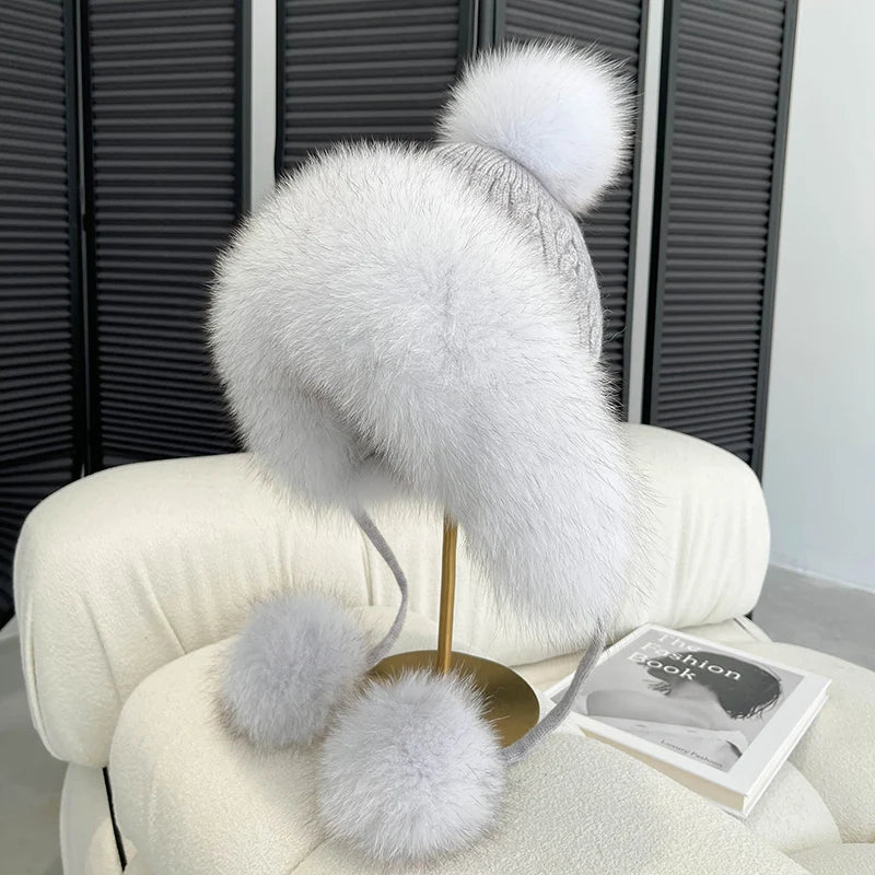 Winter Women Real Fox Fur Hat Fashion Casual Outdoor Warm Knitted Hats Girl Lovely 100% Natural Fox Fur Ear cap bomber caps