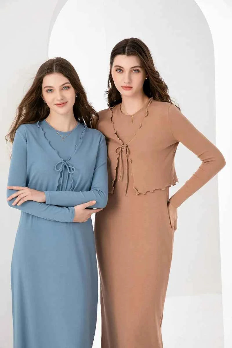 AS 2024 summer woman clothes lettuce cardigan + dress Ruffle Maxi Set nature fiber brand ribbing fabric(ship out in 1 day)
