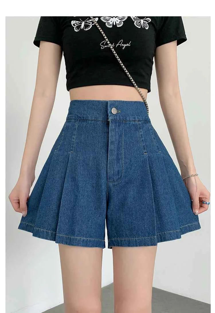 DFRCAEG 2024 Summer Plus Size Denim Shorts For Women High Elastic Waist Blue Or Sky Blue Pleated Mini Large Size Short Femme