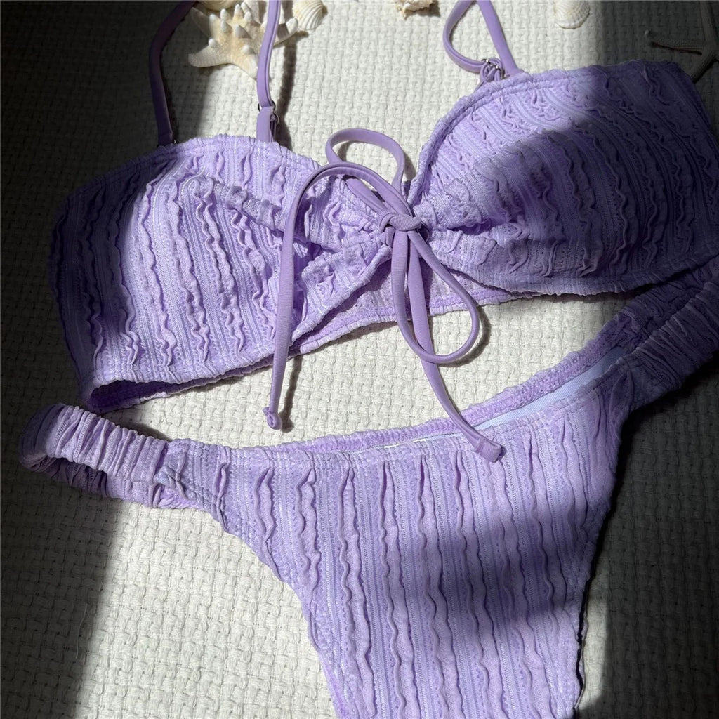 Wrinkled Crinkled Knotted Bikini Women Swimwear Female Swimsuit Two-Pieces Bikini Set Brazilian Bather Bathing Suit Swim V5709